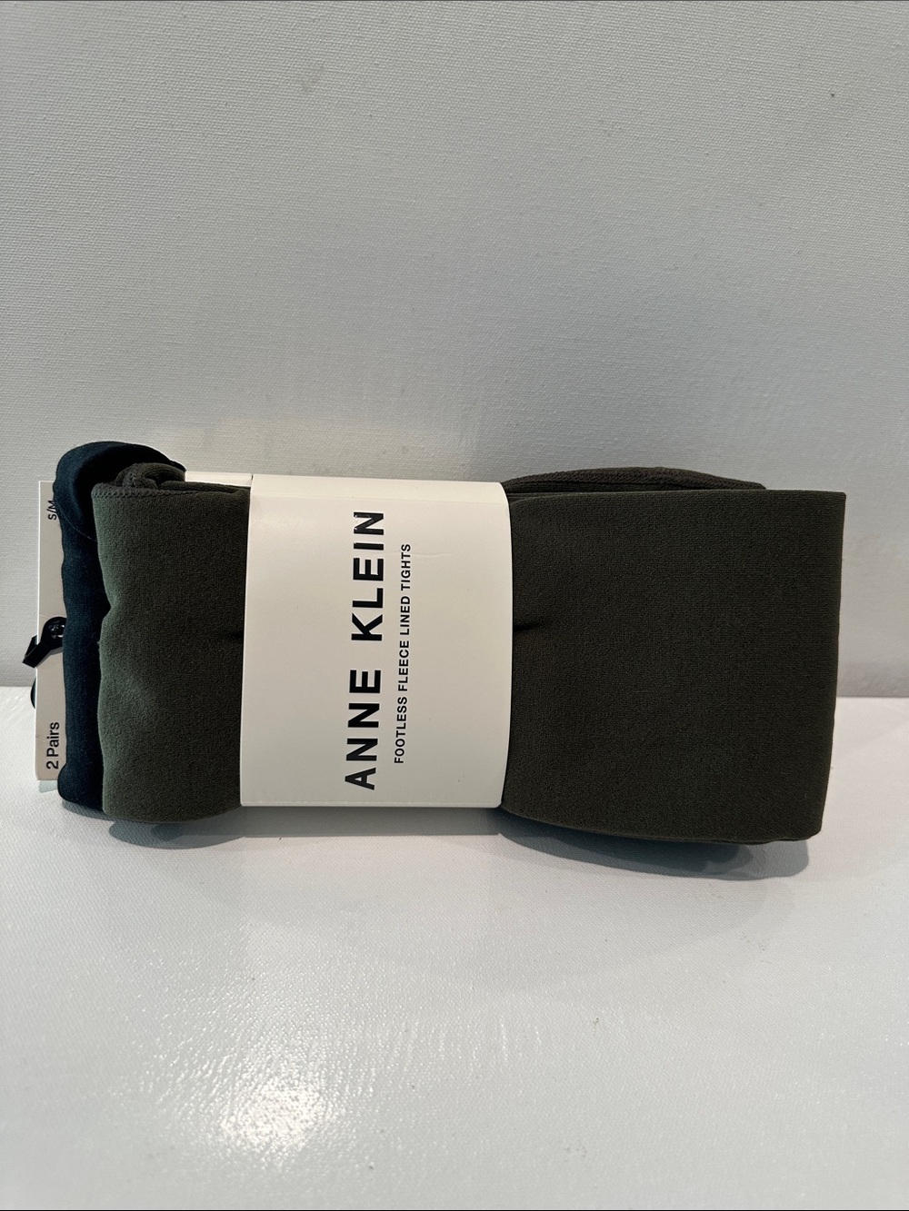 NWT Anne Klein 2 Pairs Footless Fleece Tights in Olive Green and Black.